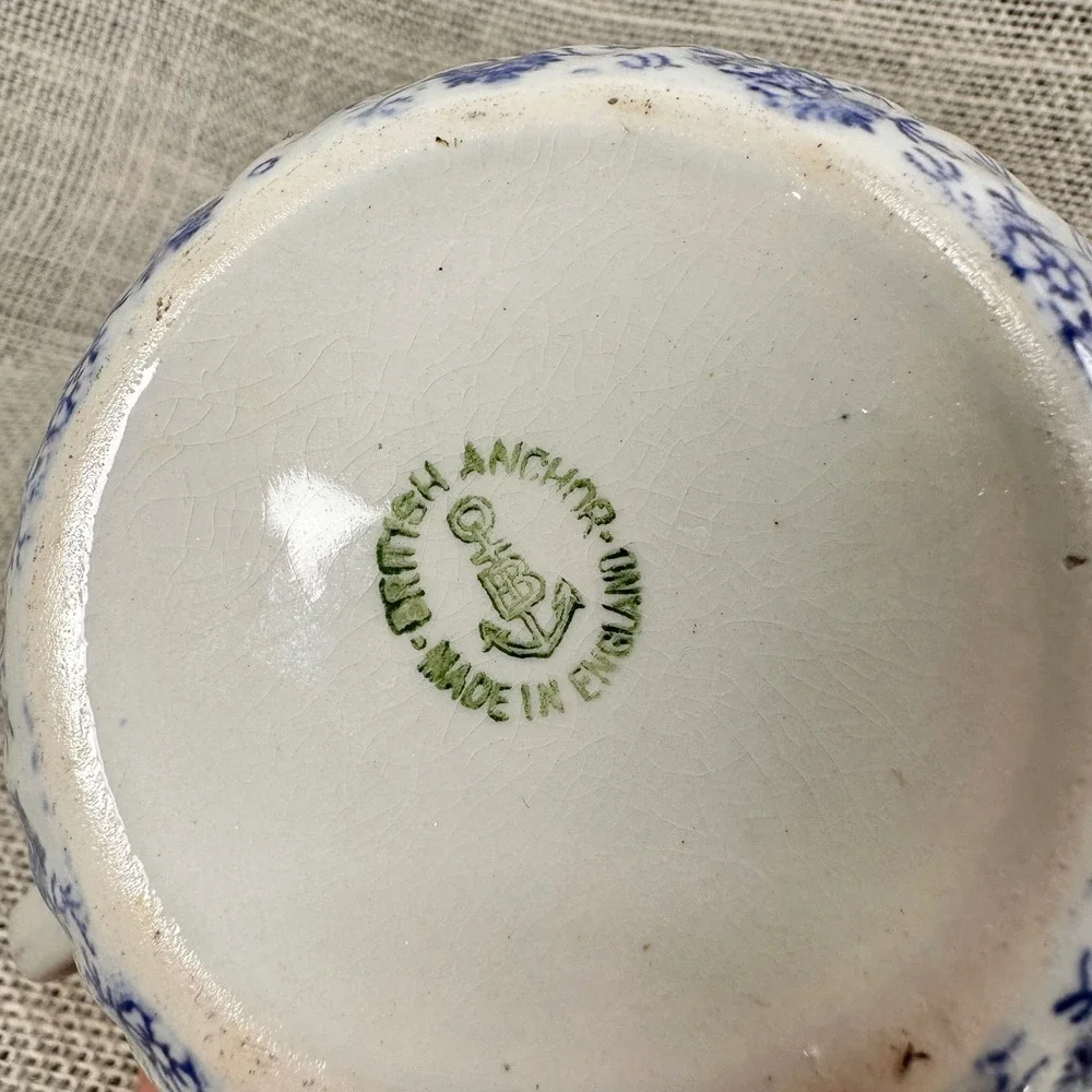 English Anchor Blue White Transferware Covered‎ Sugar Bowl England